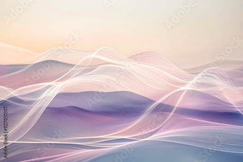 Abstract landscape with soft flowing shapes, pastel gradients, glowing ambient light, soothing wave-like patterns, and a tranquil atmosphere; perfect for meditation spaces or wellness themes photo