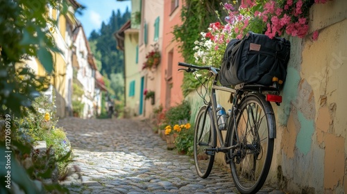 Vintage Bicycle Parked Against Colorful Wall with Flowers