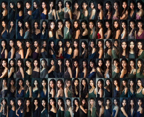 multiple Asian women with similar facial features, arranged in a grid format, showcasing their beauty and elegance. Showing the diversity and fashion trends in the beauty industry.