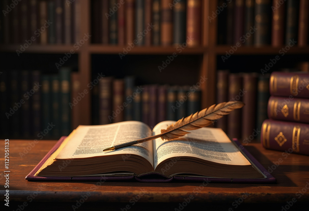 An open antique book rests on a wooden table in a library a quill pen placed upon its pages. An open antique book rests on a wooden table in a library a quill pen placed upon its pages.