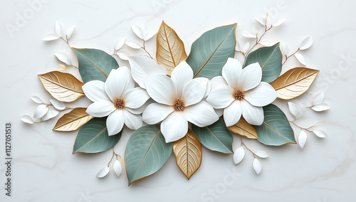Elegant arrangement of white magnolia flowers and green leaves with gold accents, creating sophisticated and serene atmosphere