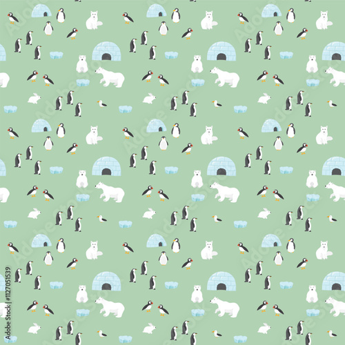 Polar animals seamless pattern. Cute Cartoon arctic animals background. Vector Illustration.