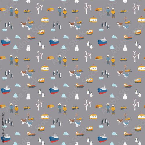 Polar station seamless pattern. Cute Cartoon arctic animals background. Vector Illustration.