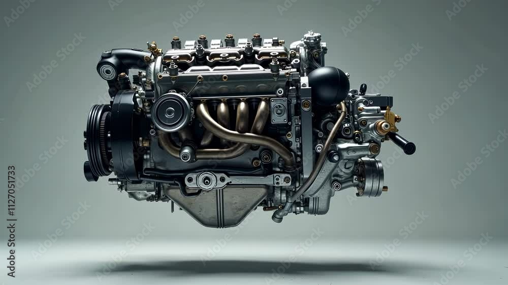 Engine technology showcase featuring a detailed view of a mechanical engine design in a neutral backdrop