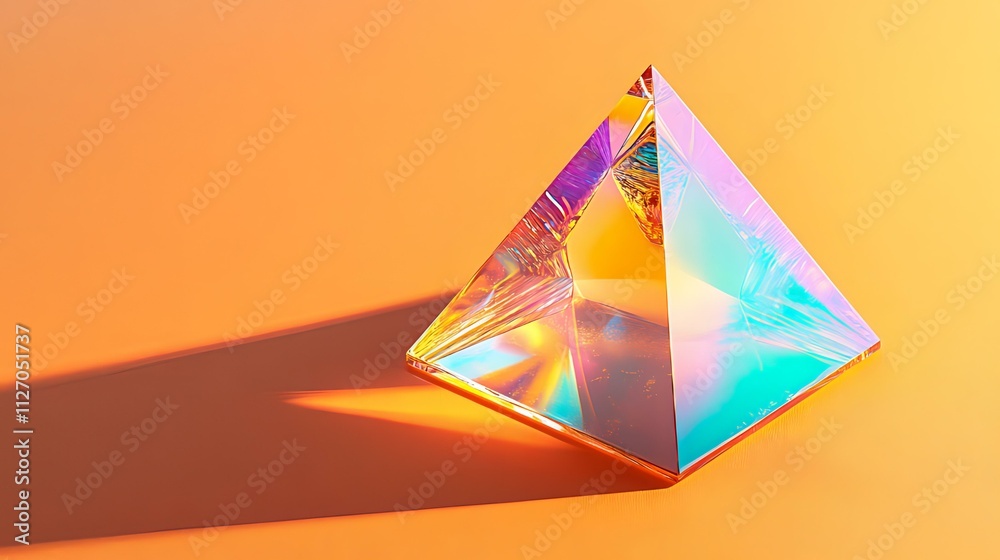 Fototapeta premium Iridescent Pyramid on Orange Background: A Study in Light and Geometry