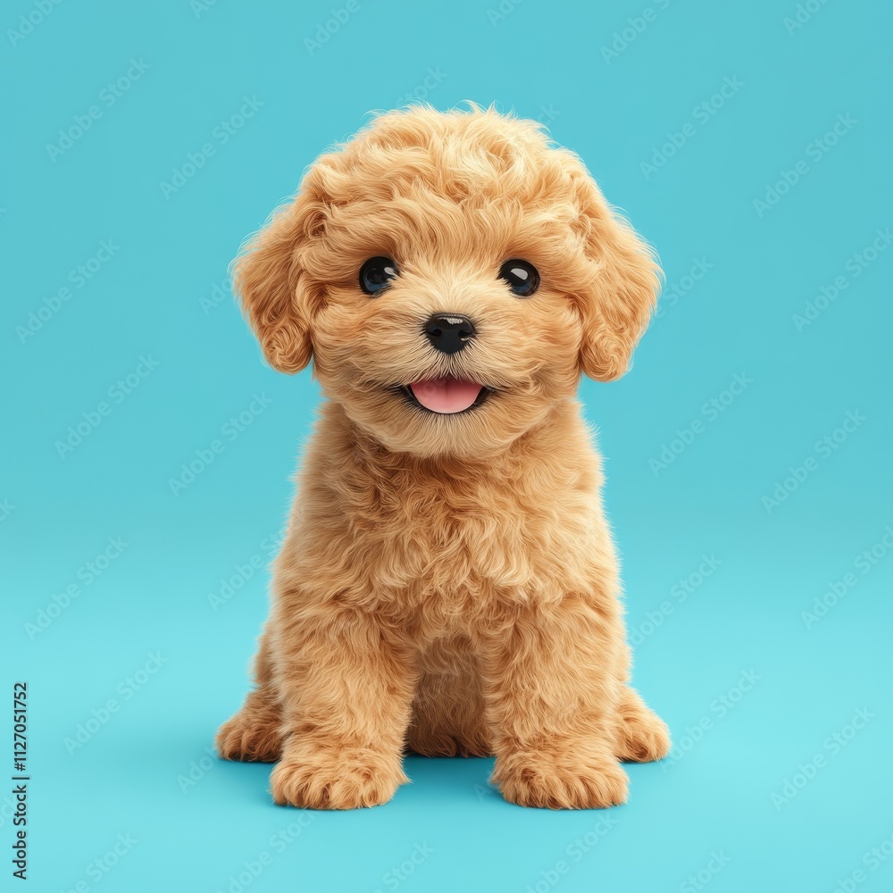 Cute Fluffy Puppy Sitting on Bright Blue Background Smiling Cute Fluffy Puppy Sitting on Bright Blue Background Smiling