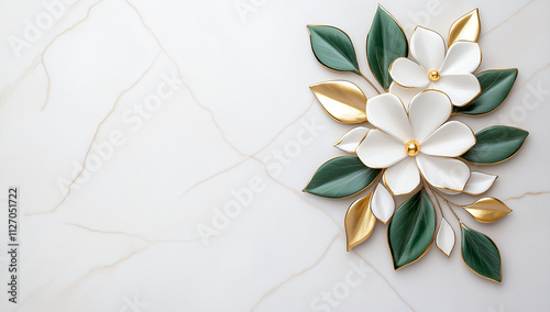 Elegant floral design featuring white flowers and green leaves on marble background, creating sophisticated and serene atmosphere