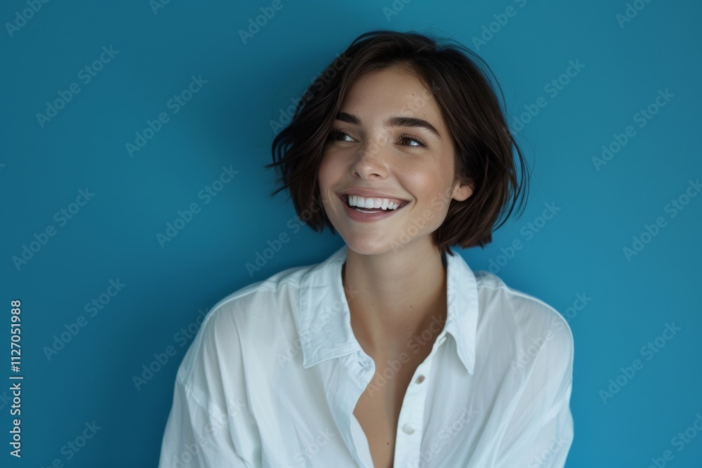 A Cute Caucasian woman with a radiant smile and white shirt stands confidently against a turquoise background, her charm and beauty shining through. A Cute Caucasian woman with a radiant smile and white shirt stands confidently against a turquoise background, her charm and beauty shining through.