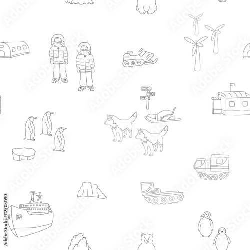 Polar station seamless pattern. Cute Cartoon arctic animals background. Vector Illustration.