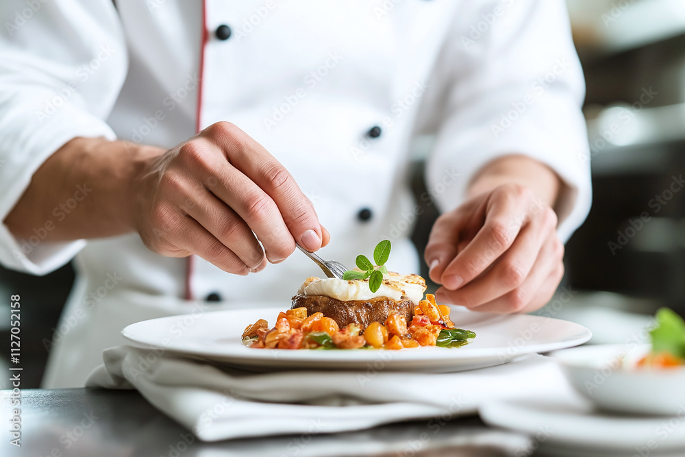 chef is plating elegant dish with precision, showcasing culinary skills and attention to detail. vibrant colors of ingredients enhance visual appeal of meal chef is plating elegant dish with precision, showcasing culinary skills and attention to detail. vibrant colors of ingredients enhance visual appeal of meal