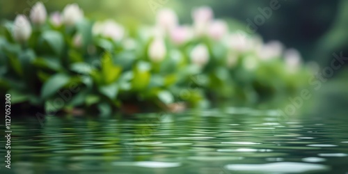 Blurred image of serene natural background with rippling water and lush plants, calm, scenic