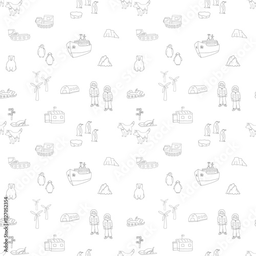 Polar station seamless pattern. Cute Cartoon arctic animals background. Vector Illustration.