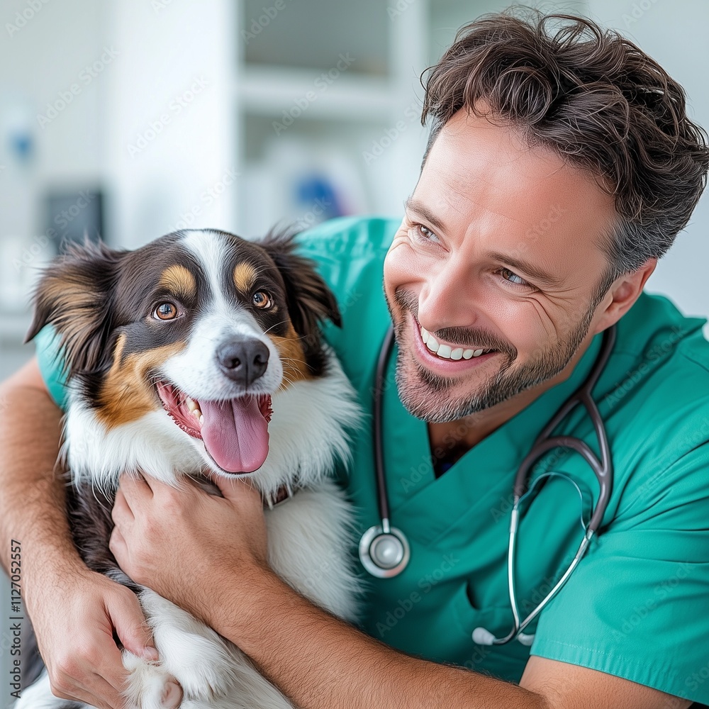 Veterinarian embracing australian shepherd with love in clinic Veterinarian embracing australian shepherd with love in clinic