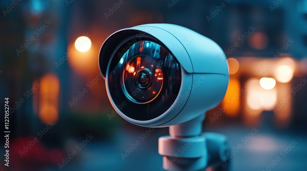Modern Surveillance Camera with a Sleek Design Capturing Urban Environment at Dusk, Highlighting Security and Technology in Contemporary Settings Modern Surveillance Camera with a Sleek Design Capturing Urban Environment at Dusk, Highlighting Security and Technology in Contemporary Settings