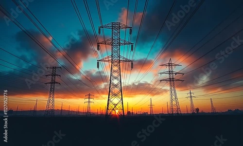 Sunset behind power lines with vibrant clouds and landscape.