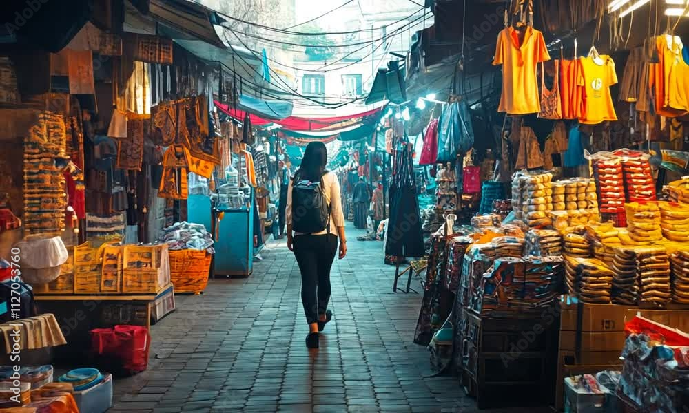 Woman with Backpack Walking Through a Vibrant, Crowded Asian Market