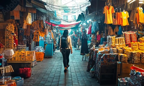 Woman with Backpack Walking Through a Vibrant, Crowded Asian Market