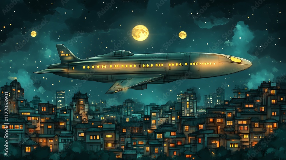 Fototapeta premium Airplane Flying Over Night Cityscape Under Moons And Stars