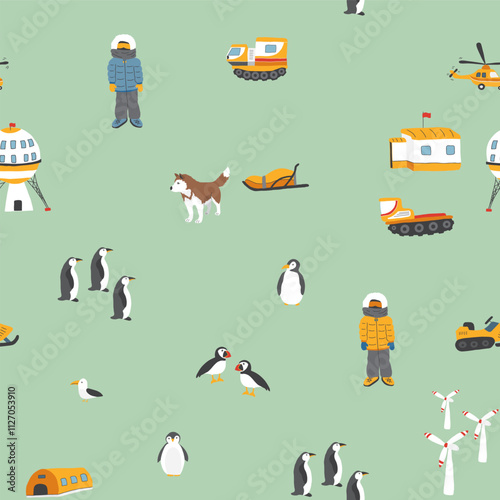 Polar station seamless pattern. Cute Cartoon arctic animals background. Vector Illustration.