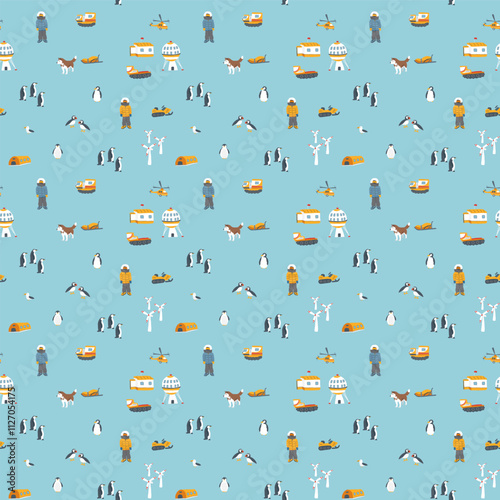 Polar station seamless pattern. Cute Cartoon arctic animals background. Vector Illustration.