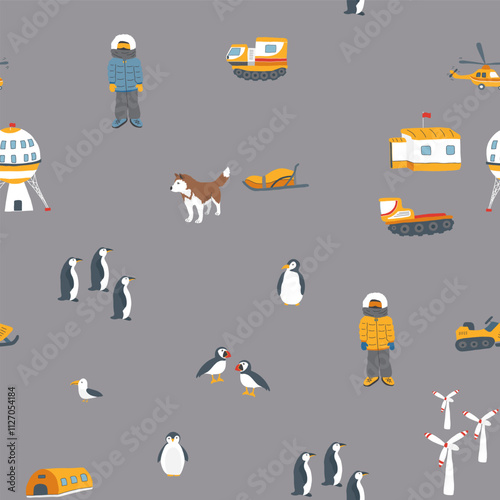 Polar station seamless pattern. Cute Cartoon arctic animals background. Vector Illustration.