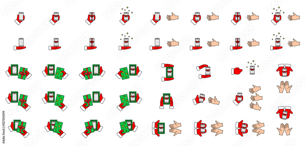 Naklejka premium Santa Claus in red mittens holds mobile phone tied ribbon and bow. Winter gloves give opened Christmas gift box with new smartphone to human hands. Set color icons (line vector). Editable Strokes