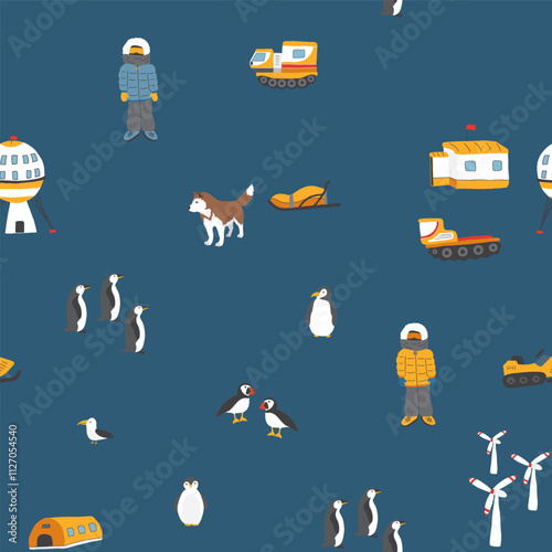 Polar station seamless pattern. Cute Cartoon arctic animals background. Vector Illustration.