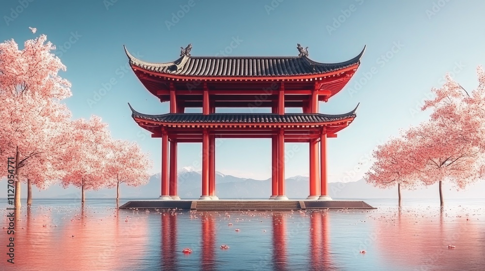 Fototapeta premium Tranquil asian pavilion surrounded by cherry blossoms and serene water reflection. Happy Chinese New Year