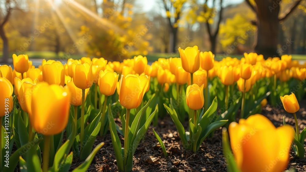 Obraz premium Vibrant yellow tulips bathed in golden sunlight, a breathtaking display of springtime beauty in a lush garden setting.