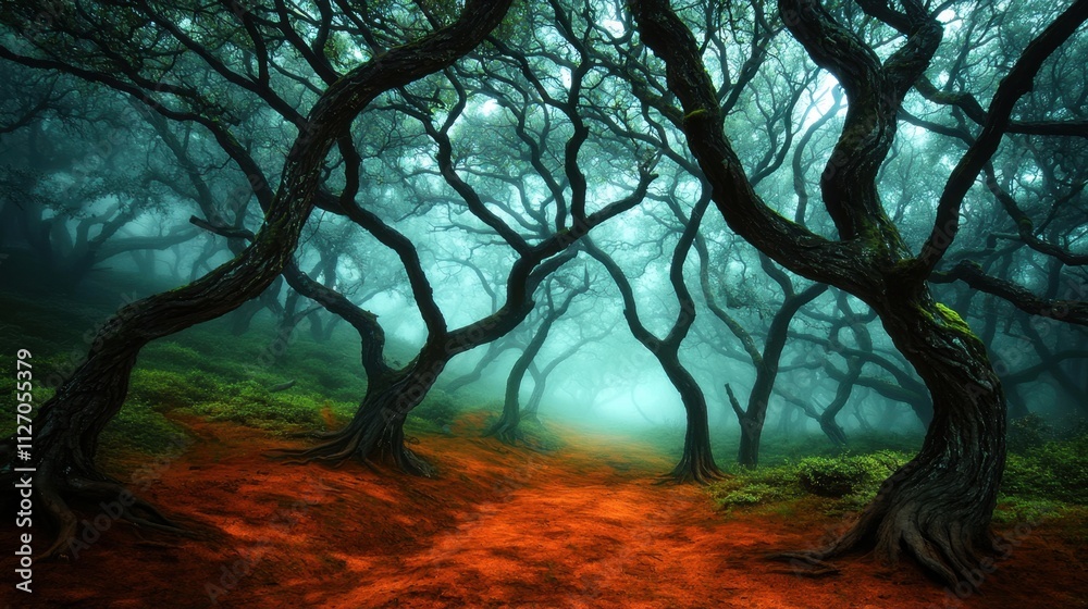 The dense fog enveloped the twisted trees, their branches reaching out like skeletal fingers grasping at unseen prey