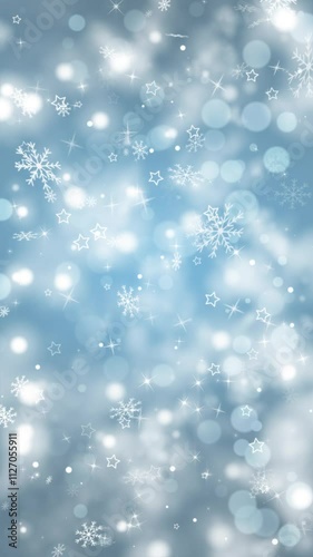 Winter Background Loop Vertical. Blue winter background with white snowflakes, particles and stars, 10 seconds loop motion graphics.