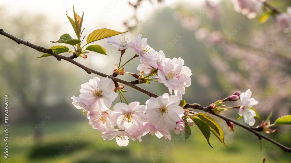 Delicate pink blossoms on a branch, bathed in the soft glow of early morning sunlight. Delicate pink blossoms on a branch, bathed in the soft glow of early morning sunlight.