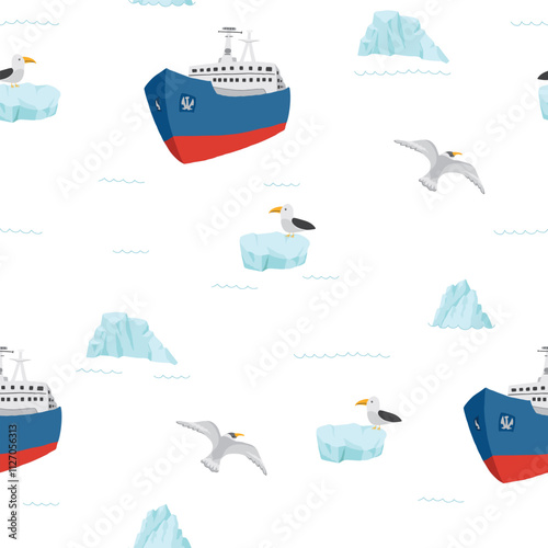 Icebreaker and icebergs seamless pattern. Cute Cartoon arctic nature background. Vector Illustration.