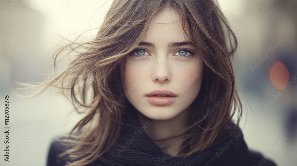 Serene Beauty: Portrait of Young Woman with Wind-Swept Hair Serene Beauty: Portrait of Young Woman with Wind-Swept Hair