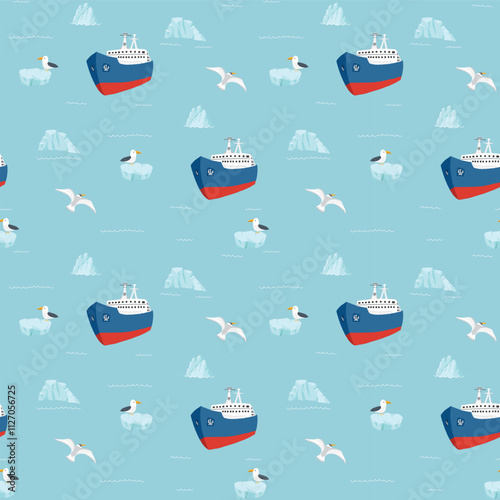 Icebreaker and icebergs seamless pattern. Cute Cartoon arctic nature background. Vector Illustration.