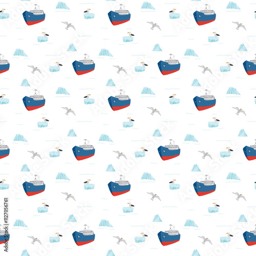 Icebreaker and icebergs seamless pattern. Cute Cartoon arctic nature background. Vector Illustration.