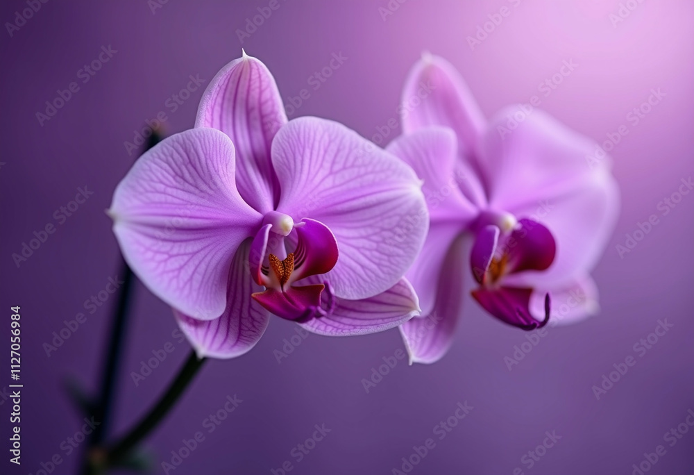 Delicate purple orchids bloom against soft purple backdrop. Delicate purple orchids bloom against soft purple backdrop.