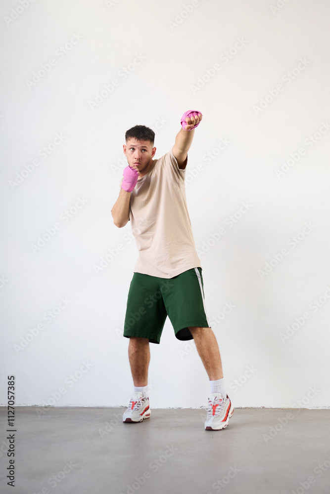Young guy with boxing bandages training in the studio Young guy with boxing bandages training in the studio