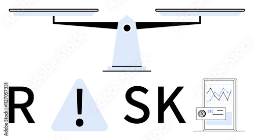 Scale above the word RISK with a caution sign replacing the letter I, and a smartphone displaying a cryptocurrency chart. Ideal for finance, investing, risk management, decision making