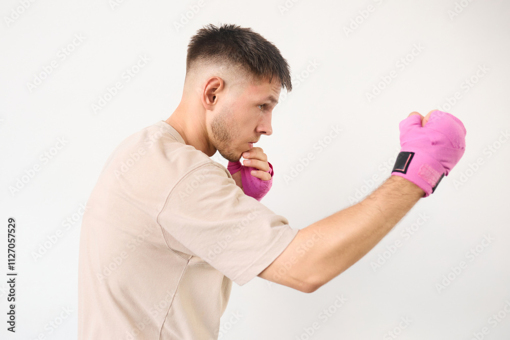 Handsome young guy doing boxing in boxing bandages Handsome young guy doing boxing in boxing bandages