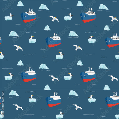 Icebreaker and icebergs seamless pattern. Cute Cartoon arctic nature background. Vector Illustration.