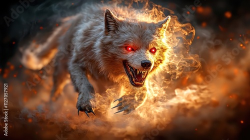 1. A spooky and mischievous creature with sharp fangs, glowing red eyes, and long claws, surrounded by swirling shadows and fog, ready to terrify unsuspecting trick or treaters on Halloween night.