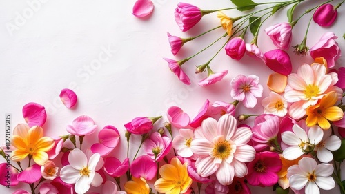 Colorful spring flowers such as tulips, daisies, and lilies arranged on a textured paper background, romantic, garden, spring