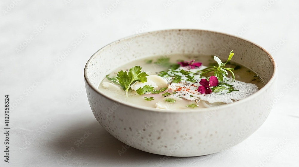 Close-up of yushka showing detailed broth texture and vibrant garnishes. Close-up of yushka showing detailed broth texture and vibrant garnishes.