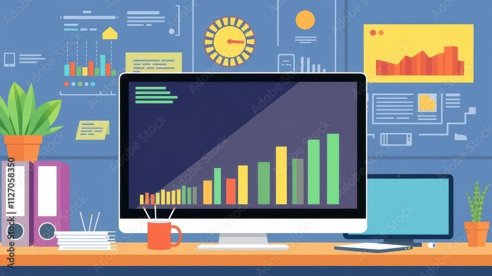 Computer screen with colorful icons and graphics, data, illustration, colorful Computer screen with colorful icons and graphics, data, illustration, colorful