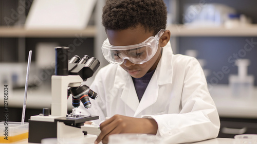 Young Student in Biology Lab Using Microscope and Lab Equipment