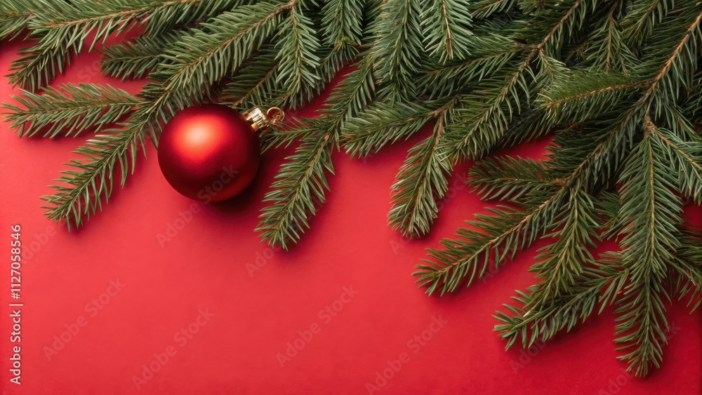 A single red Christmas ornament hangs from a branch of evergreen, creating a festive holiday scene against a vibrant red background. A single red Christmas ornament hangs from a branch of evergreen, creating a festive holiday scene against a vibrant red background.