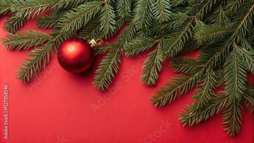 A single red Christmas ornament hangs from a branch of evergreen, creating a festive holiday scene against a vibrant red background.