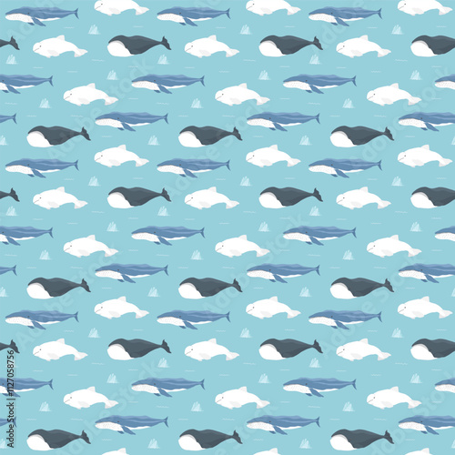 Polar sea animals seamless pattern. Cute Cartoon arctic animals, marine animals and fish, background. Vector Illustration.