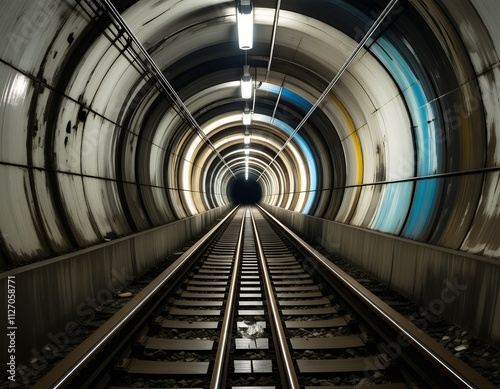 Illuminated Railway Tunnel Railroad Tracks Underground Transportation Abstract Circular Design